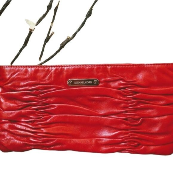 Michael Kors Red Ruched Leather Expandable Clutch with Chrome Hardware - Picture 1 of 8
